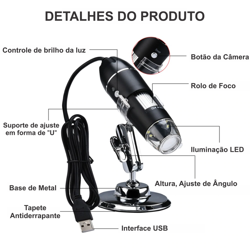 Microscópio HD Portátil USB | O mundo na tela do seu celular